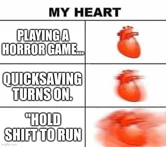When U r playing a horror game | PLAYING A HORROR GAME... QUICKSAVING TURNS ON. "HOLD SHIFT TO RUN | image tagged in my heart blank | made w/ Imgflip meme maker