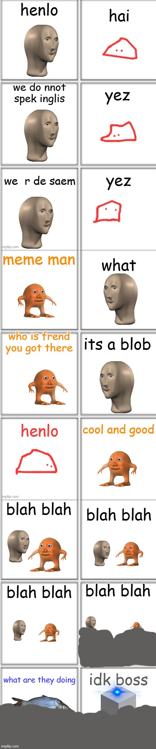 i do comics now i guess | blah blah; blah blah; blah blah; blah blah; idk boss; what are they doing | image tagged in comic template 3x2 | made w/ Imgflip meme maker