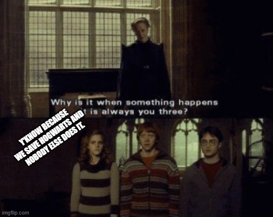 I f you read the books and movies you're gonna relate this meme to the books and movies- | Y'KNOW BECAUSE WE SAVE HOGWARTS AND NOBODY ELSE DOES IT. | image tagged in why is it when something happens it is always you three | made w/ Imgflip meme maker