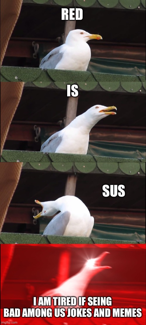 Inhaling Seagull Meme | RED; IS; SUS; I AM TIRED IF SEING BAD AMONG US JOKES AND MEMES | image tagged in memes,inhaling seagull | made w/ Imgflip meme maker