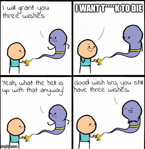 You Still Have 3 Wishes | I WANT T****K TO DIE | image tagged in you still have 3 wishes | made w/ Imgflip meme maker