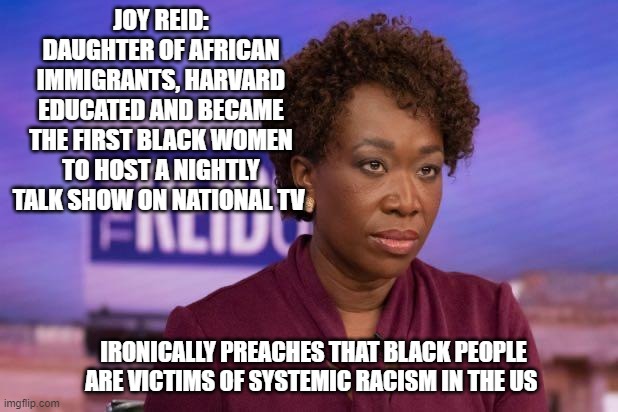 The irony of liberals. It never fails to amuse |  JOY REID: DAUGHTER OF AFRICAN IMMIGRANTS, HARVARD EDUCATED AND BECAME THE FIRST BLACK WOMEN TO HOST A NIGHTLY TALK SHOW ON NATIONAL TV; IRONICALLY PREACHES THAT BLACK PEOPLE ARE VICTIMS OF SYSTEMIC RACISM IN THE US | image tagged in joy reid,liberals,msnbc,hypocrite,democrats,race baiting | made w/ Imgflip meme maker