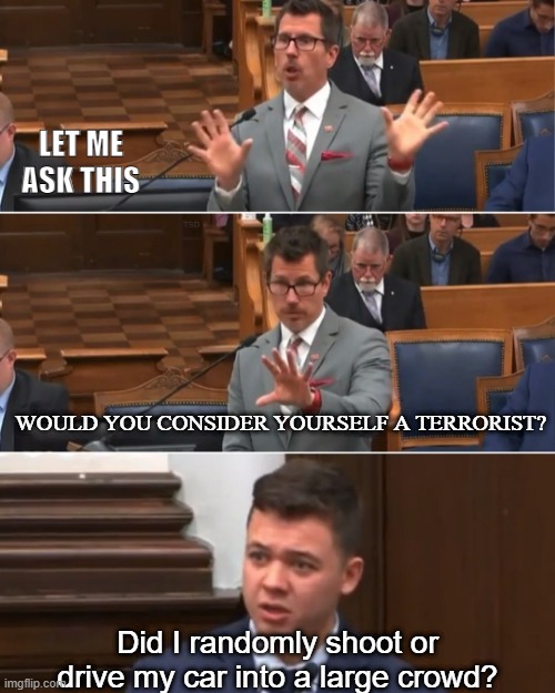The real question. | LET ME ASK THIS; WOULD YOU CONSIDER YOURSELF A TERRORIST? Did I randomly shoot or drive my car into a large crowd? | image tagged in rittenhouse vs binger | made w/ Imgflip meme maker