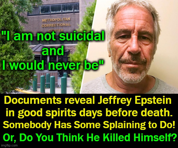 These findings come from a lawsuit against the Federal Bureau of Prisons via The New York Times | "I am not suicidal 
and 
I would never be"; Documents reveal Jeffrey Epstein 
in good spirits days before death. Somebody Has Some Splaining to Do! Or, Do You Think He Killed Himself? | image tagged in politics,deep state,suicide or suicided,strange,who done it,top 10 questions science still can't answer | made w/ Imgflip meme maker