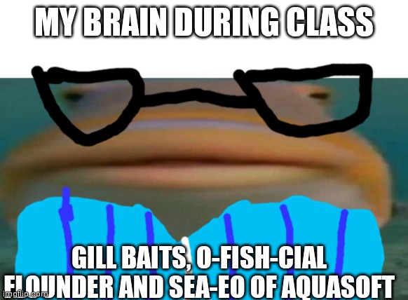 My puns are so fishy | MY BRAIN DURING CLASS; GILL BAITS, O-FISH-CIAL FLOUNDER AND SEA-EO OF AQUASOFT | image tagged in helo,fishing for upvotes,memes,funny memes,bad puns,bill gates | made w/ Imgflip meme maker