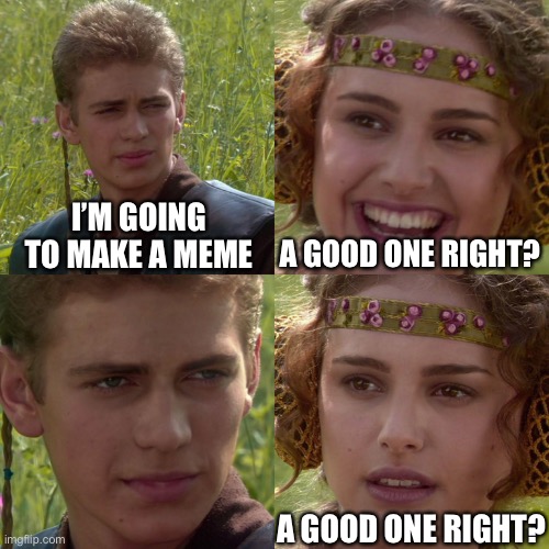 Meme | I’M GOING TO MAKE A MEME; A GOOD ONE RIGHT? A GOOD ONE RIGHT? | image tagged in anakin padme 4 panel | made w/ Imgflip meme maker