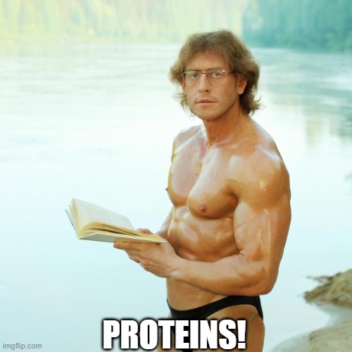 Protein shakespeare | PROTEINS! | image tagged in protein shakespeare | made w/ Imgflip meme maker