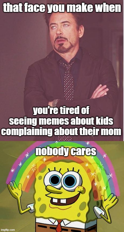 nobody cares:) | that face you make when; you're tired of seeing memes about kids complaining about their mom; nobody cares | image tagged in memes,face you make robert downey jr,imagination spongebob | made w/ Imgflip meme maker