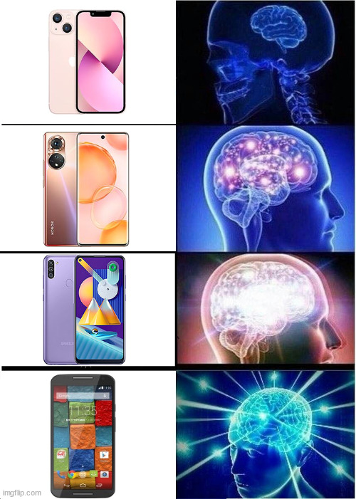 iPhone vs Honor vs Samsung vs Motorola | image tagged in memes,expanding brain,iphone,honor,samsung,motorola | made w/ Imgflip meme maker