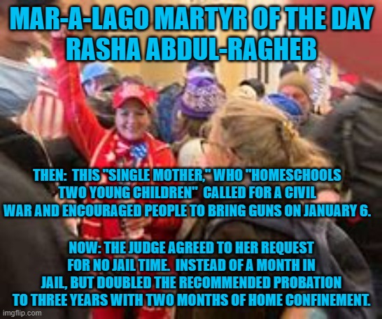 A typo made her think her vote wasn't counted, sparking her rage. | MAR-A-LAGO MARTYR OF THE DAY
RASHA ABDUL-RAGHEB; THEN:  THIS "SINGLE MOTHER," WHO "HOMESCHOOLS TWO YOUNG CHILDREN"  CALLED FOR A CIVIL WAR AND ENCOURAGED PEOPLE TO BRING GUNS ON JANUARY 6. NOW: THE JUDGE AGREED TO HER REQUEST FOR NO JAIL TIME.  INSTEAD OF A MONTH IN JAIL, BUT DOUBLED THE RECOMMENDED PROBATION TO THREE YEARS WITH TWO MONTHS OF HOME CONFINEMENT. | image tagged in politics | made w/ Imgflip meme maker