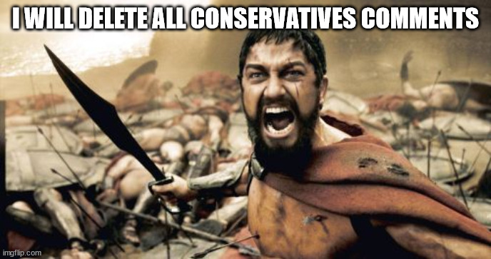True | I WILL DELETE ALL CONSERVATIVES COMMENTS | image tagged in memes,sparta leonidas | made w/ Imgflip meme maker