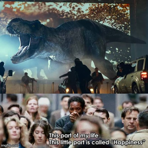 Universal releases 'Jurassic World: Dominion' prologue | image tagged in will smith pursuit of happiness,jurassic world,jurassic park,dinosaur,tyrannosaurus rekt | made w/ Imgflip meme maker