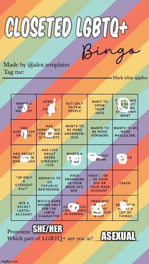 Closeted LGBTQ+ Bingo | SHE/HER; ASEXUAL | image tagged in closeted lgbtq bingo | made w/ Imgflip meme maker