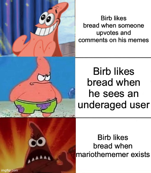 I’m exactly the same lol | Birb likes bread when someone upvotes and comments on his memes; Birb likes bread when he sees an underaged user; Birb likes bread when mariothememer exists | image tagged in better best blurst lightyear edition,no no that last tag is to be ignored | made w/ Imgflip meme maker
