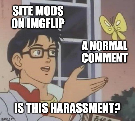 Yup. We need more site mods. Because most of them donn't understand something or can't take a joke. | SITE MODS ON IMGFLIP; A NORMAL COMMENT; IS THIS HARASSMENT? | image tagged in memes,is this a pigeon | made w/ Imgflip meme maker