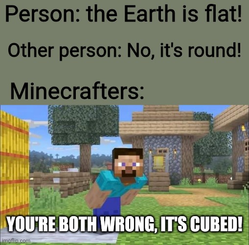 Idk lol | Person: the Earth is flat! Other person: No, it's round! Minecrafters:; YOU'RE BOTH WRONG, IT'S CUBED! | image tagged in steve looking at screen | made w/ Imgflip meme maker