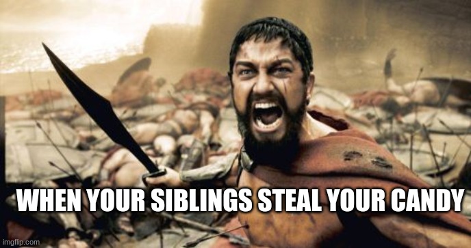 Sparta Leonidas | WHEN YOUR SIBLINGS STEAL YOUR CANDY | image tagged in memes,sparta leonidas | made w/ Imgflip meme maker