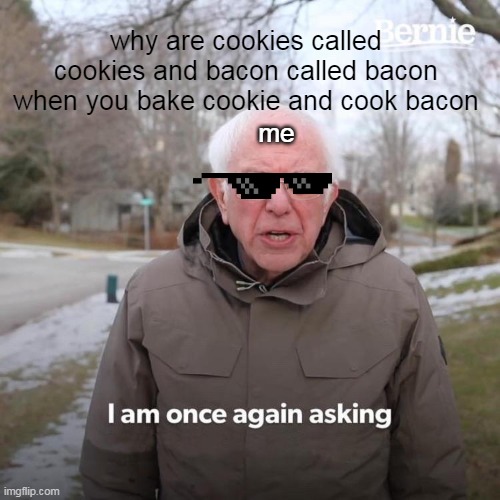 this will blow your mind *wow* | why are cookies called cookies and bacon called bacon when you bake cookie and cook bacon; me | image tagged in memes,bernie i am once again asking for your support,funny,cats,all lives matter,yea wth | made w/ Imgflip meme maker