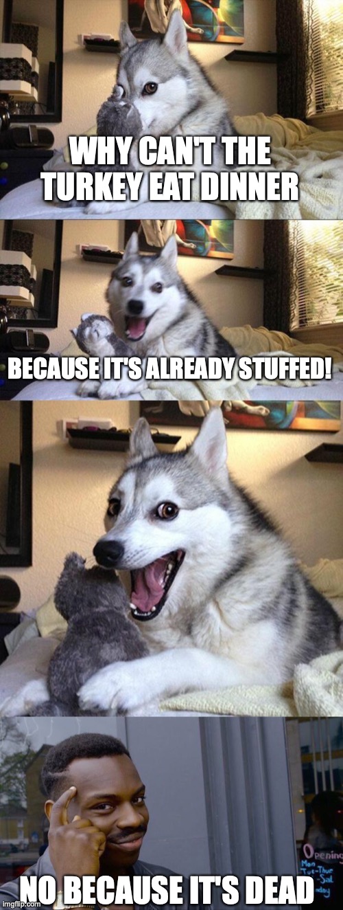 dark thanksgiving meme | WHY CAN'T THE TURKEY EAT DINNER; BECAUSE IT'S ALREADY STUFFED! NO BECAUSE IT'S DEAD | image tagged in memes,bad pun dog,roll safe think about it,thanksgiving | made w/ Imgflip meme maker