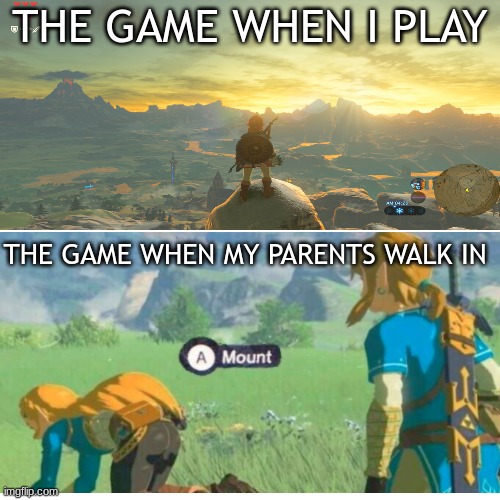 Oh no..what do i do | THE GAME WHEN I PLAY; THE GAME WHEN MY PARENTS WALK IN | image tagged in link,the legend of zelda breath of the wild,memes | made w/ Imgflip meme maker