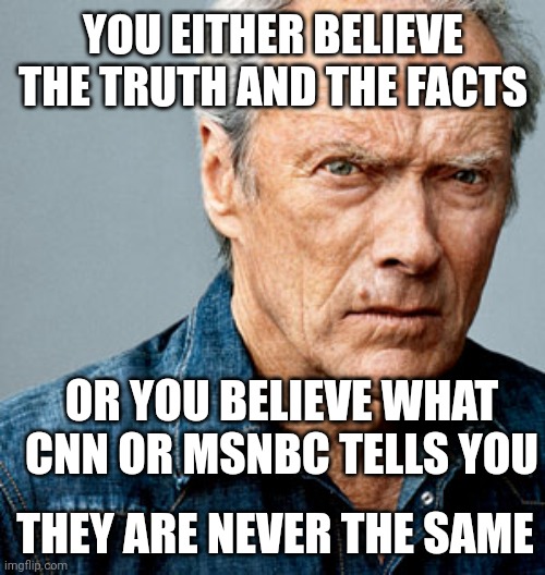 Clint Eastwood | YOU EITHER BELIEVE THE TRUTH AND THE FACTS; OR YOU BELIEVE WHAT CNN OR MSNBC TELLS YOU; THEY ARE NEVER THE SAME | image tagged in clint eastwood | made w/ Imgflip meme maker