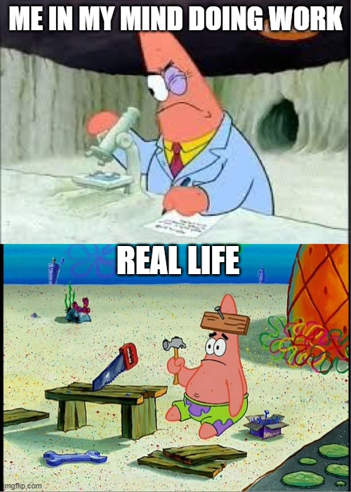 PAtrick, Smart Dumb | ME IN MY MIND DOING WORK; REAL LIFE | image tagged in patrick smart dumb | made w/ Imgflip meme maker