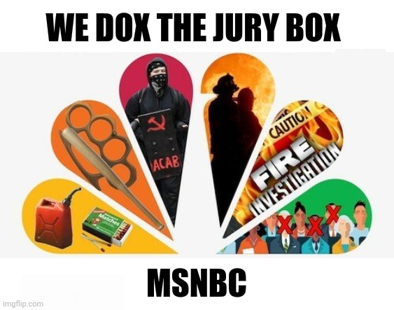 MSNBC: WE DOX THE JURY BOX | WE DOX THE JURY BOX; MSNBC | image tagged in msnbc,biased media,propaganda,corrupt | made w/ Imgflip meme maker
