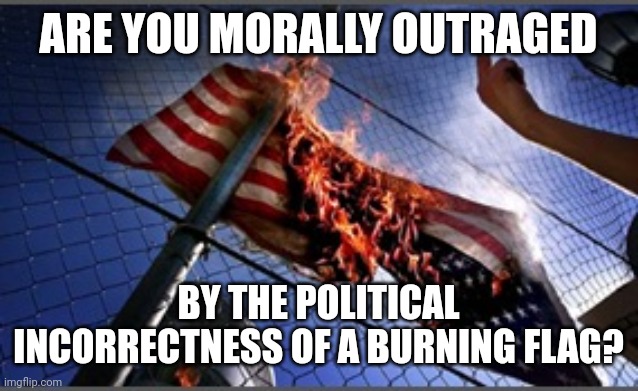 In Other Words, Are You A Simpleton Who Values Symbols Above The Actual Ideas And Ideals They Represent? | ARE YOU MORALLY OUTRAGED; BY THE POLITICAL INCORRECTNESS OF A BURNING FLAG? | image tagged in flag burning upside down,political correctness,outrage,symbolism,free speech,ideas | made w/ Imgflip meme maker