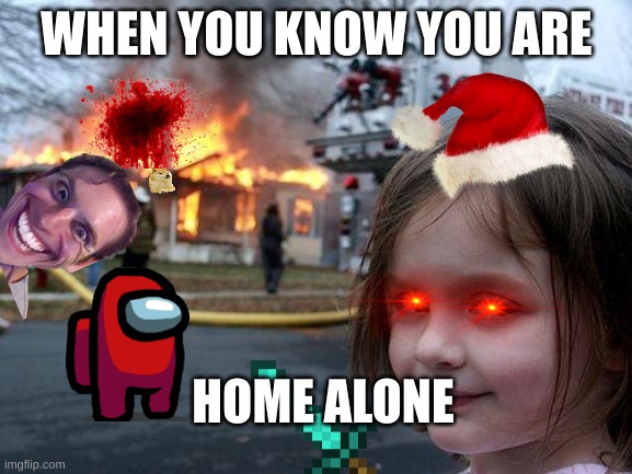 Disaster Girl | WHEN YOU KNOW YOU ARE; HOME ALONE | image tagged in memes,disaster girl | made w/ Imgflip meme maker