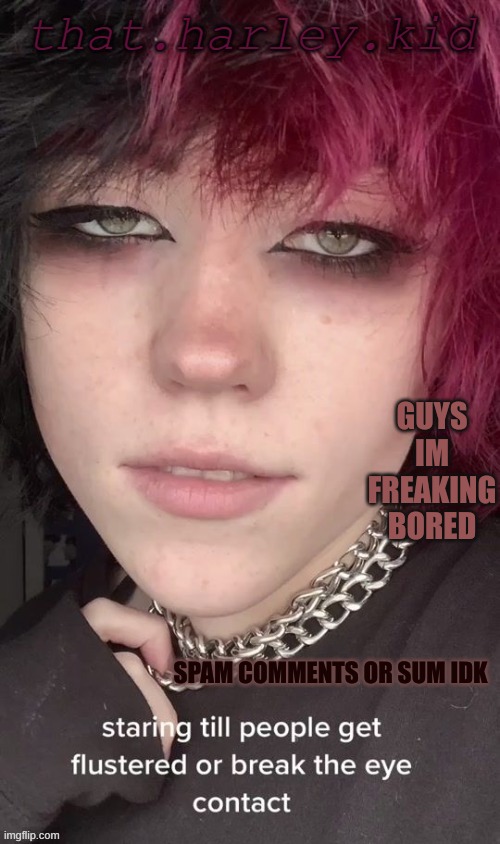 ahhh | GUYS IM FREAKING BORED; SPAM COMMENTS OR SUM IDK | image tagged in harley temp | made w/ Imgflip meme maker