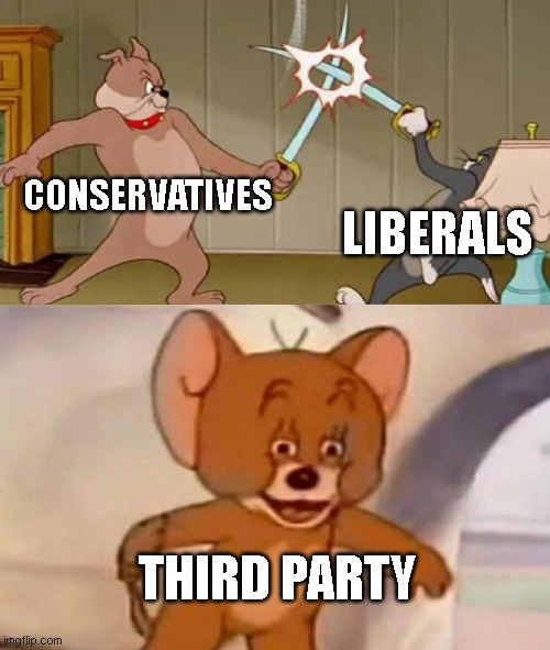 Tom and Jerry swordfight | CONSERVATIVES; LIBERALS; THIRD PARTY | image tagged in tom and jerry swordfight | made w/ Imgflip meme maker