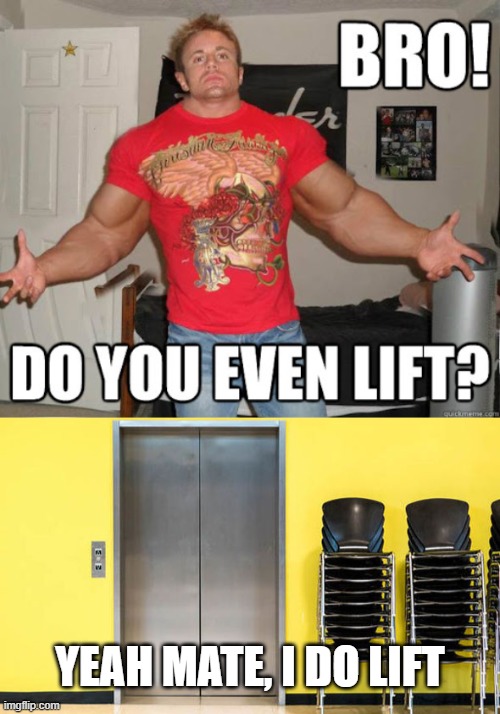 Geddit? | YEAH MATE, I DO LIFT | image tagged in memes,elevator,lift,bro do you even lift,puns,pun | made w/ Imgflip meme maker