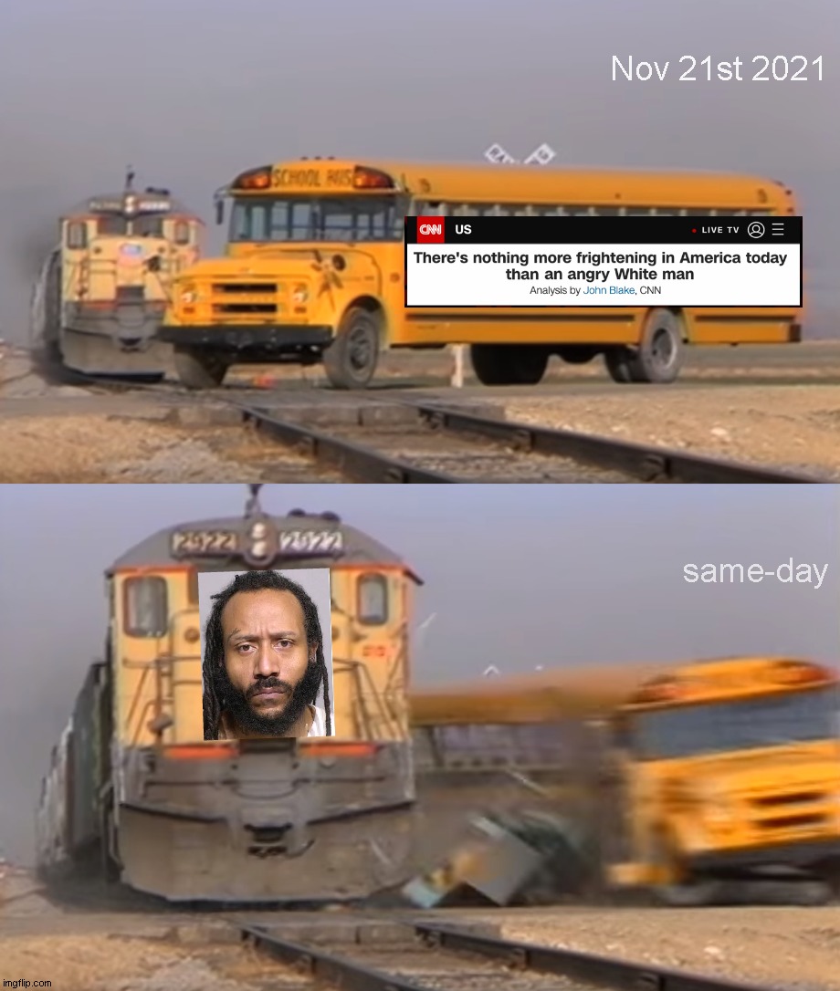 A SUV hitting a school bus | Nov 21st 2021; same-day | image tagged in a train hitting a school bus,cnn | made w/ Imgflip meme maker
