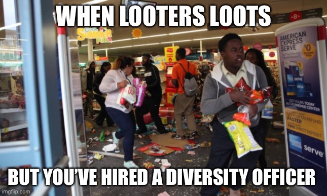 looters | WHEN LOOTERS LOOTS; BUT YOU’VE HIRED A DIVERSITY OFFICER | image tagged in looters | made w/ Imgflip meme maker