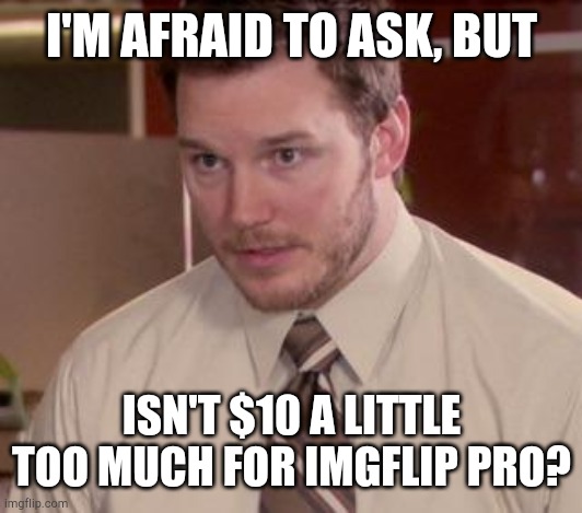 Andy Dwyer | I'M AFRAID TO ASK, BUT; ISN'T $10 A LITTLE TOO MUCH FOR IMGFLIP PRO? | image tagged in andy dwyer,imgflip,imgflip pro | made w/ Imgflip meme maker