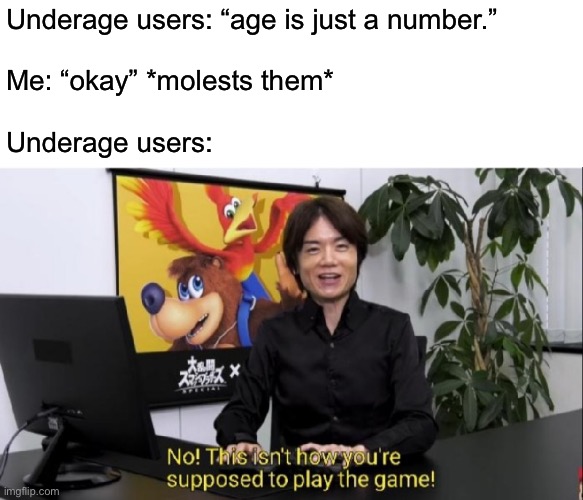 Wooww | Underage users: “age is just a number.”
 
Me: “okay” *molests them*
 
Underage users: | image tagged in this isn't how you're supposed to play the game,funny | made w/ Imgflip meme maker
