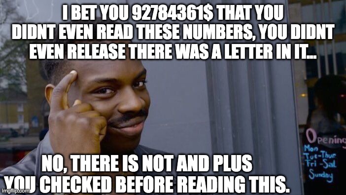 Big Dollars | I BET YOU 92784361$ THAT YOU DIDNT EVEN READ THESE NUMBERS, YOU DIDNT EVEN RELEASE THERE WAS A LETTER IN IT... NO, THERE IS NOT AND PLUS YOU CHECKED BEFORE READING THIS. | image tagged in memes,roll safe think about it | made w/ Imgflip meme maker