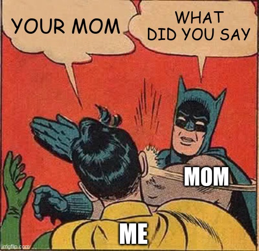 Batman Slapping Robin Meme | YOUR MOM; WHAT DID YOU SAY; MOM; ME | image tagged in memes,batman slapping robin | made w/ Imgflip meme maker