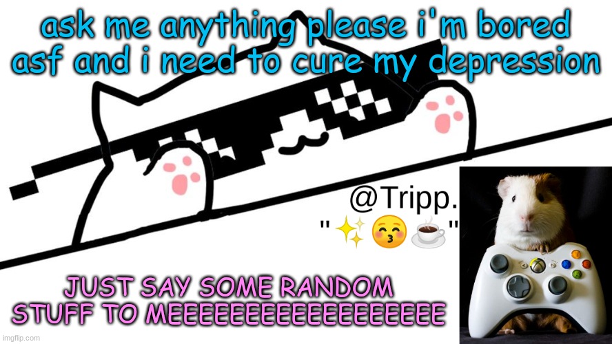 ask me anything | ask me anything please i'm bored asf and i need to cure my depression; JUST SAY SOME RANDOM STUFF TO MEEEEEEEEEEEEEEEEEE | image tagged in tripp 's very awesome temp d | made w/ Imgflip meme maker