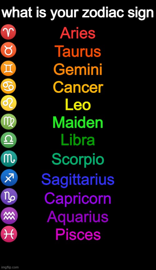 I am a pisces (Jummy note: I’m a Cap) | what is your zodiac sign; Aries; Taurus; Gemini; Cancer; Leo; Maiden; Libra; Scorpio; Sagittarius; Capricorn; Aquarius; Pisces | image tagged in zodiac signs | made w/ Imgflip meme maker