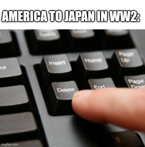 Because 2 nukes wasn't enough |  AMERICA TO JAPAN IN WW2: | image tagged in delete,e | made w/ Imgflip meme maker