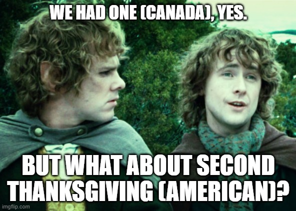 second breakfast | WE HAD ONE (CANADA), YES. BUT WHAT ABOUT SECOND THANKSGIVING (AMERICAN)? | image tagged in second breakfast | made w/ Imgflip meme maker