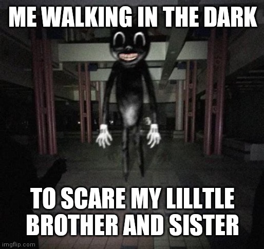 Just a prank jeez | ME WALKING IN THE DARK; TO SCARE MY LILLTLE BROTHER AND SISTER | image tagged in cartoon cat,spoopy | made w/ Imgflip meme maker