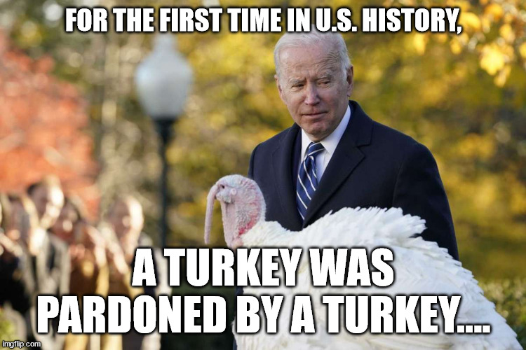 Introspective Joe Biden and Instrospective Turkey | FOR THE FIRST TIME IN U.S. HISTORY, A TURKEY WAS PARDONED BY A TURKEY.... | image tagged in introspective joe biden and instrospective turkey | made w/ Imgflip meme maker