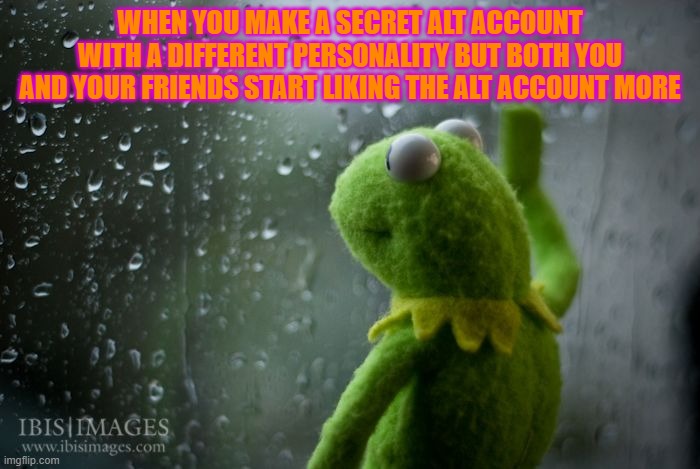 kermit window | WHEN YOU MAKE A SECRET ALT ACCOUNT WITH A DIFFERENT PERSONALITY BUT BOTH YOU AND YOUR FRIENDS START LIKING THE ALT ACCOUNT MORE | image tagged in kermit window | made w/ Imgflip meme maker