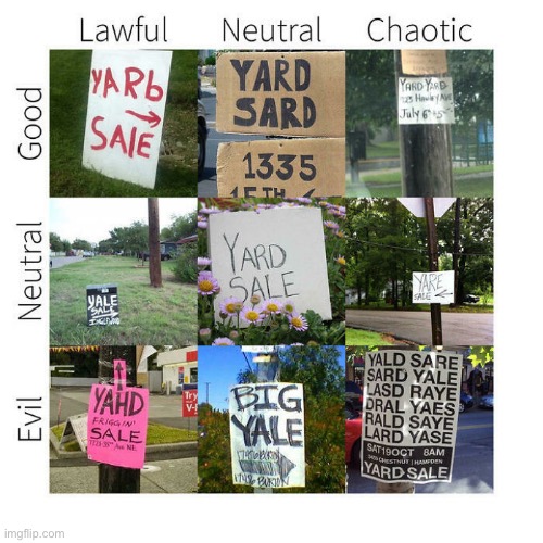 Alignment chart for yard sale signs | image tagged in sales,yard sale,alignment chart | made w/ Imgflip meme maker