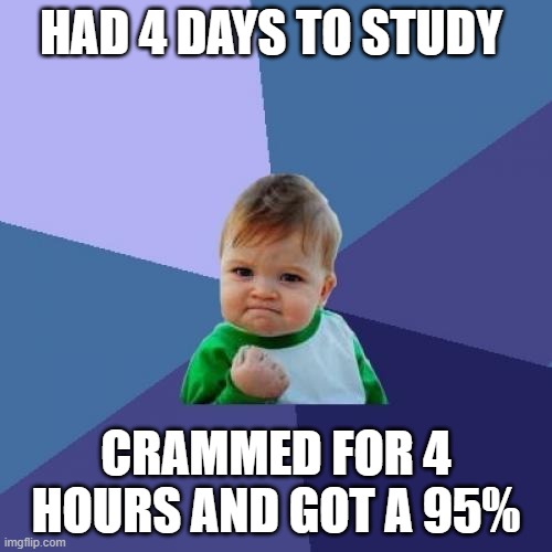4 Hours of Fun |  HAD 4 DAYS TO STUDY; CRAMMED FOR 4 HOURS AND GOT A 95% | image tagged in memes,success kid | made w/ Imgflip meme maker