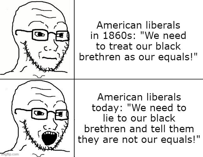 As a modern-day liberal the norm among modern-day liberals is painful to see. | American liberals in 1860s: "We need to treat our black brethren as our equals!"; American liberals today: "We need to lie to our black brethren and tell them they are not our equals!" | image tagged in soyjak reaction | made w/ Imgflip meme maker
