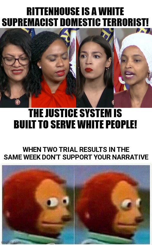 Democrats spouting divisive propaganda, lies and misinformation | RITTENHOUSE IS A WHITE SUPREMACIST DOMESTIC TERRORIST! THE JUSTICE SYSTEM IS BUILT TO SERVE WHITE PEOPLE! WHEN TWO TRIAL RESULTS IN THE SAME WEEK DON'T SUPPORT YOUR NARRATIVE | image tagged in aoc squad,memes,monkey puppet,kyle rittenhouse,democrats,blm | made w/ Imgflip meme maker