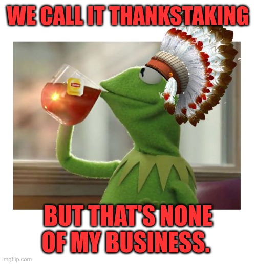 Native American Kermit | WE CALL IT THANKSTAKING BUT THAT'S NONE OF MY BUSINESS. | image tagged in native american kermit | made w/ Imgflip meme maker